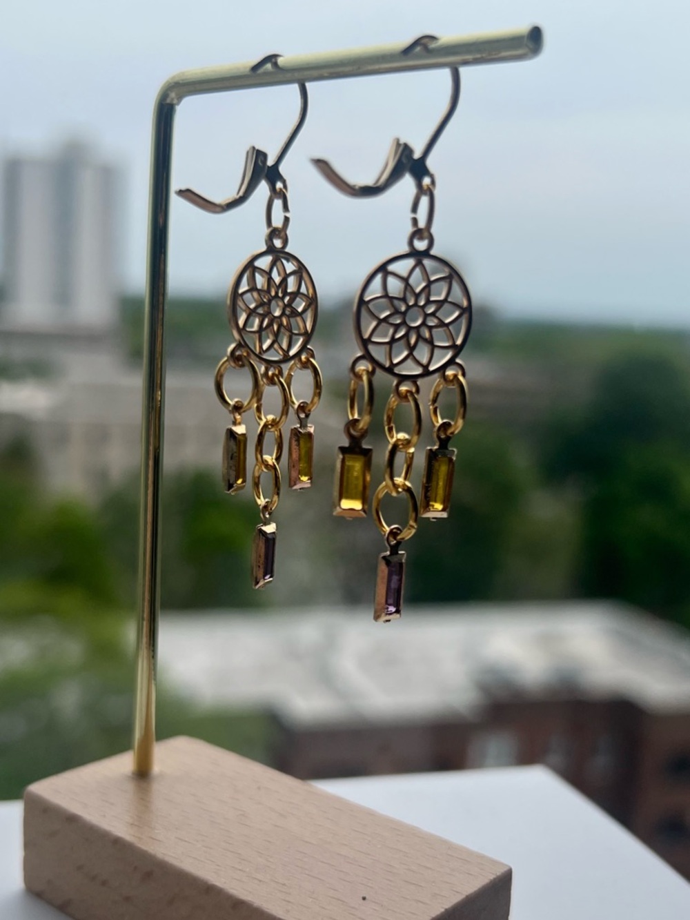 Gold Floral Chandelier Earrings with Yellow and Purple Stones